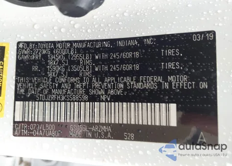 2019 Toyota Highlander Xle из США, поврежденный, VIN 5TDJZRFH3KS588598